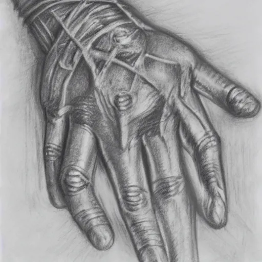 Image similar to mummy in bandages touches the hand of warrior, pencil drawing