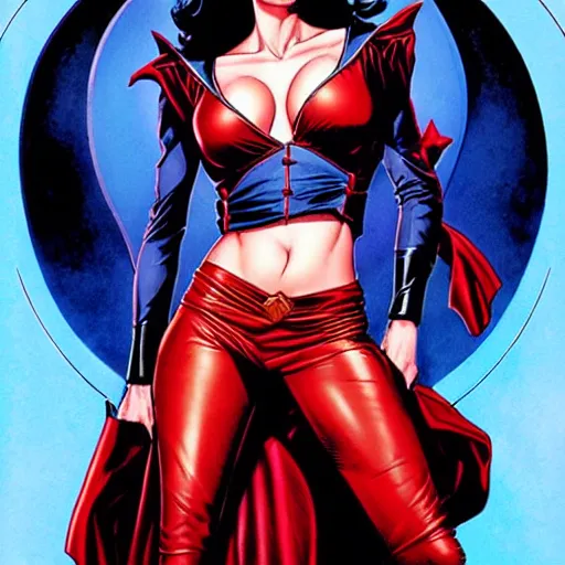 Image similar to Joe Jusko comic art, wide shot, stunning elegant female Eva Green, Indigo Magician, beautiful evil sneer, symmetrical face, symmetrical eyes, leather clothing and boots, long straight red hair, full body, Indigo occult pattern