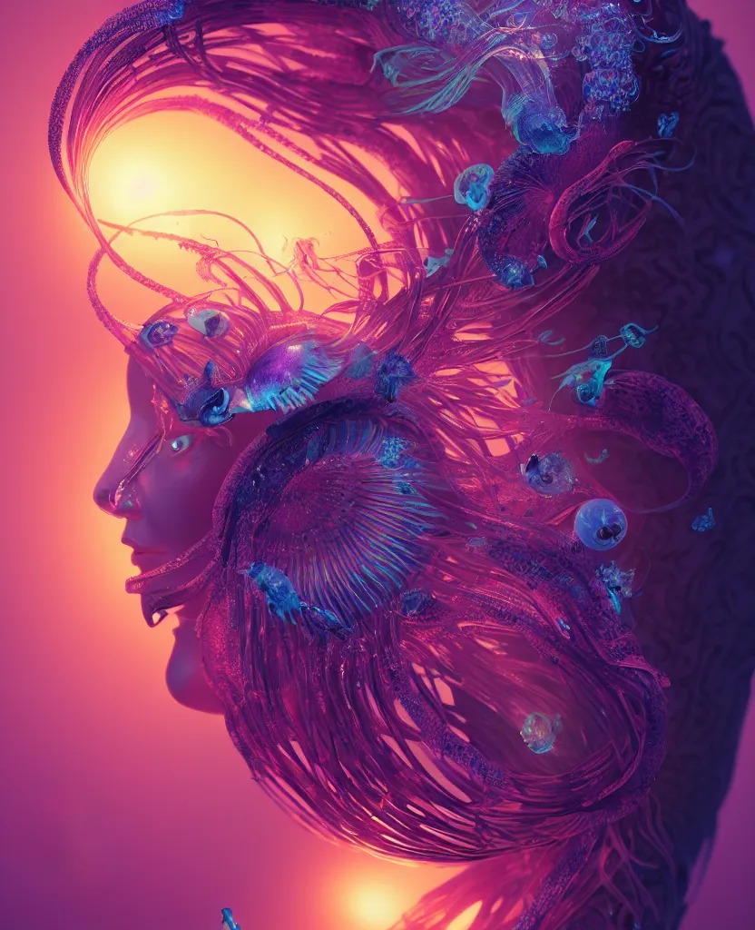 Image similar to goddess close-up portrait. colibri orchid jellyfish phoenix head, nautilus, skull, betta fish, bioluminiscent creatures, intricate artwork by Tooth Wu and wlop and beeple. octane render, trending on artstation, greg rutkowski very coherent symmetrical artwork. cinematic, hyper realism, high detail, octane render, 8k