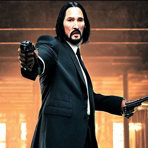 Prompt: portrait photo of a gangster like a cross between John Wick and Morpheus pointing a gun at the camera, menacingly
