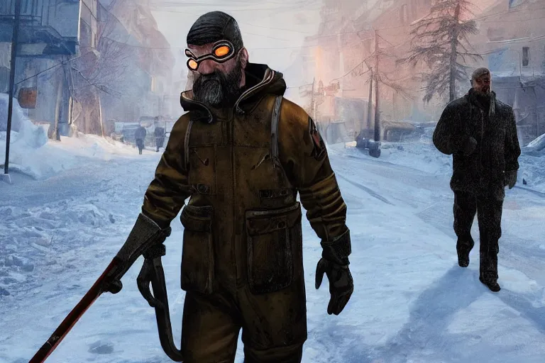 Image similar to Gordon Freeman from Half-Life 2 in real life walking through the dark Russian winter streets with a crowbar in his hands 8K realistic