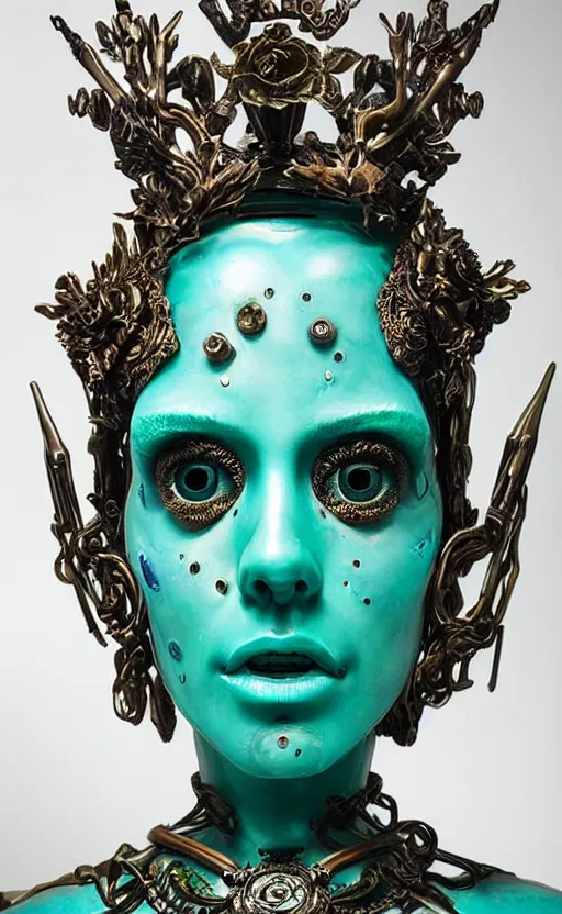Image similar to a young beautiful latina metal and ceramic android with a large glowing green crystal in the center of her chest, full-body bronze cyberpunk style statue of Andromeda with glowing sapphire laser eyes, crown of mechanical chrysanthemums, flowing aqua silk, fabric, steampunk flowers. baroque elements, human skull. full-length view. baroque element. intricate artwork by caravaggio. many flying horses on background. Trending on artstation, octane render, cinematic lighting from the right, hyper realism, octane render, 8k, depth of field, 3D