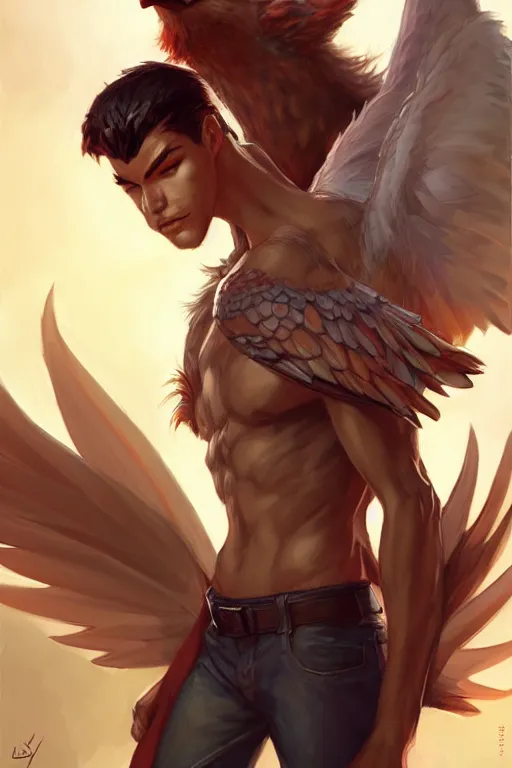 Image similar to character art by wlop, steve henderson, and j scott campbell, gooseman, male hero, goose head, wings, 4 k, arstation, trending, high quality, very detailed, digital