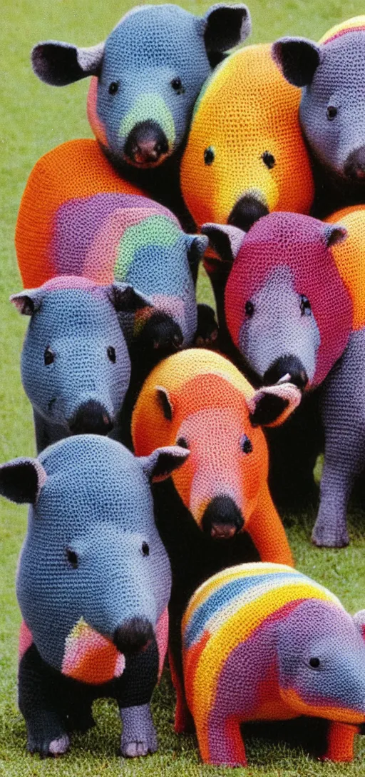 Image similar to multicolored crocheted tapirs, 1 9 8 0 s catalogue photo