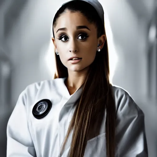 Image similar to ariana grande as a nurse, photography, moody lighting, realistic,