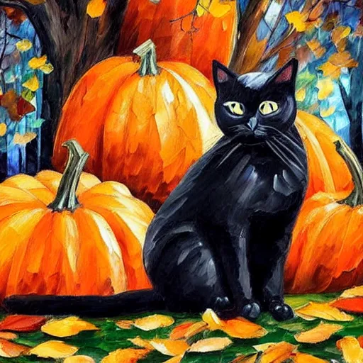 Prompt: black cat sitting on! dream halloween pumpkins in a pile of autumn leaves detailed painting in the style of leonid afremov 4 k