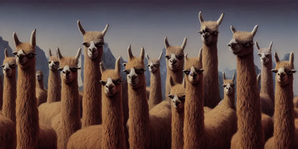 Prompt: a gang of llama banditos, fantasy, intricate, artstation, sharp focus, digital art, zdzisław beksinski, gustave dore, caravaggio, abduzeedo