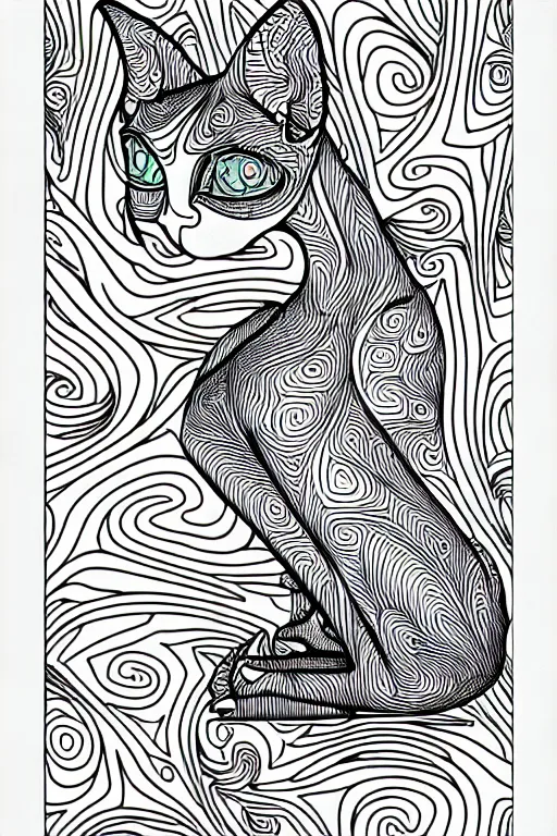 Image similar to sphynx cat statue ornaments fractal ink drawing line art colouring page, vector, margins, fine lines, centered