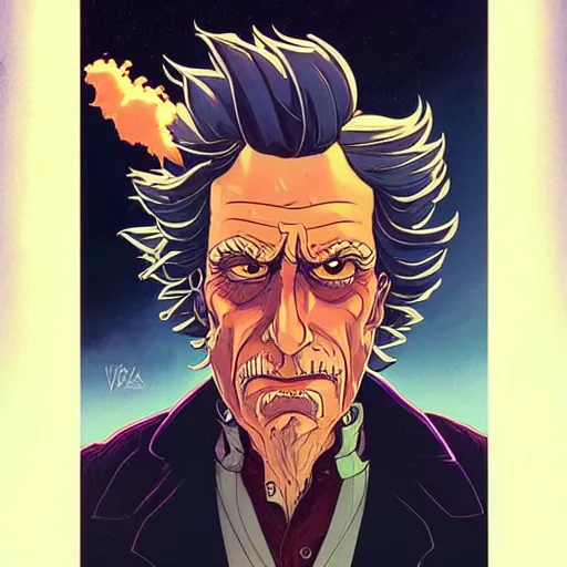 Prompt: westworld rick sanchez futurama portrait by charles vess and james jean and erik jones and rhads, inspired by ghost in the shell, beautiful fine face features, intricate high details, sharp, ultradetailed