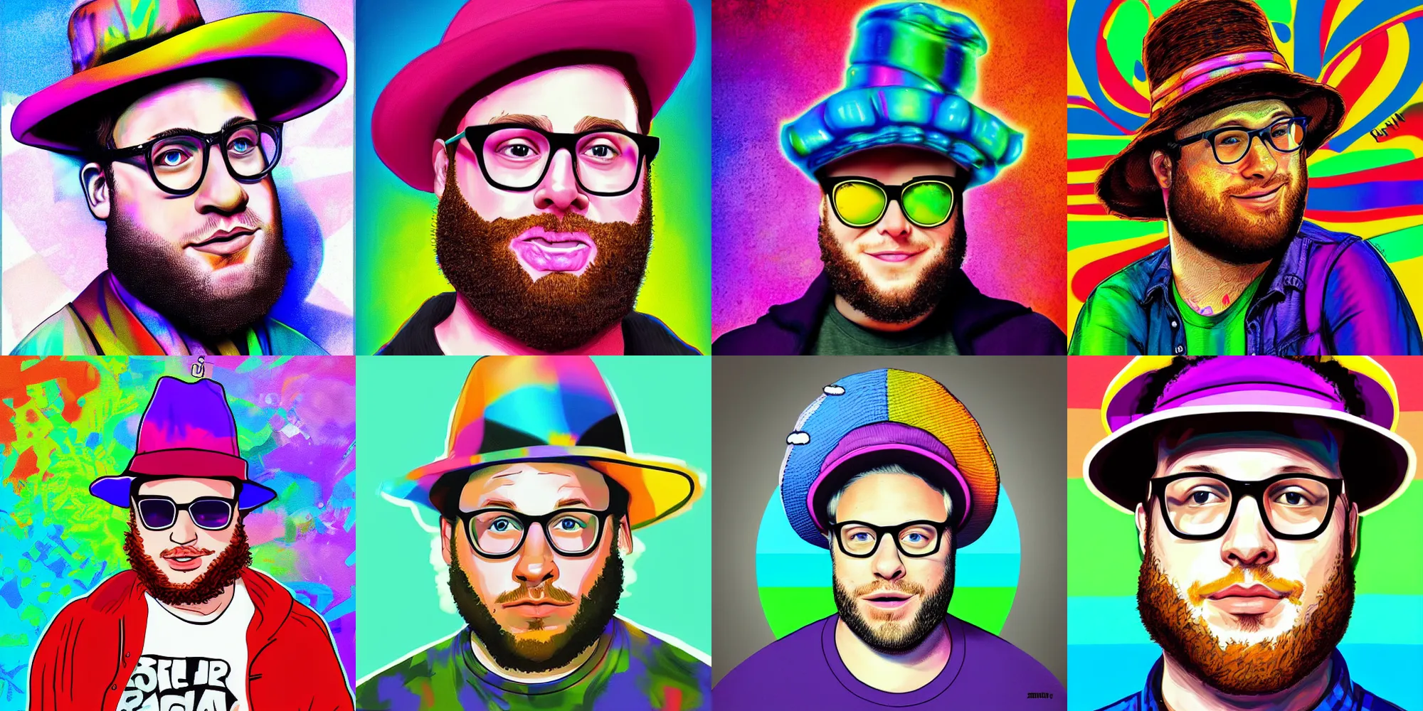 Prompt: seth aaron rogen, trippy, funny hat, colorful, chromatic, portrait, digital paint, realistic