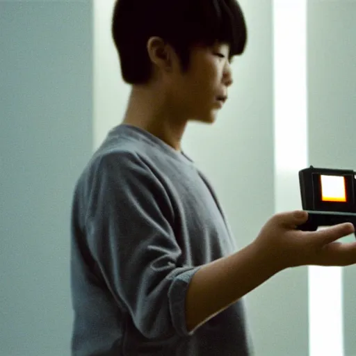 Image similar to a still of HoYeon Jung playing with a NES controller, in the movie Minority Report (2002), highly detailed and intricate, cinematic lighting, 4k HDR