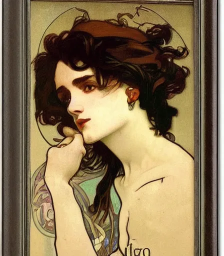 Image similar to portrait of a handsome non binary criminal lost in thought, by alphonse mucha, intense desire, high quality, high detail