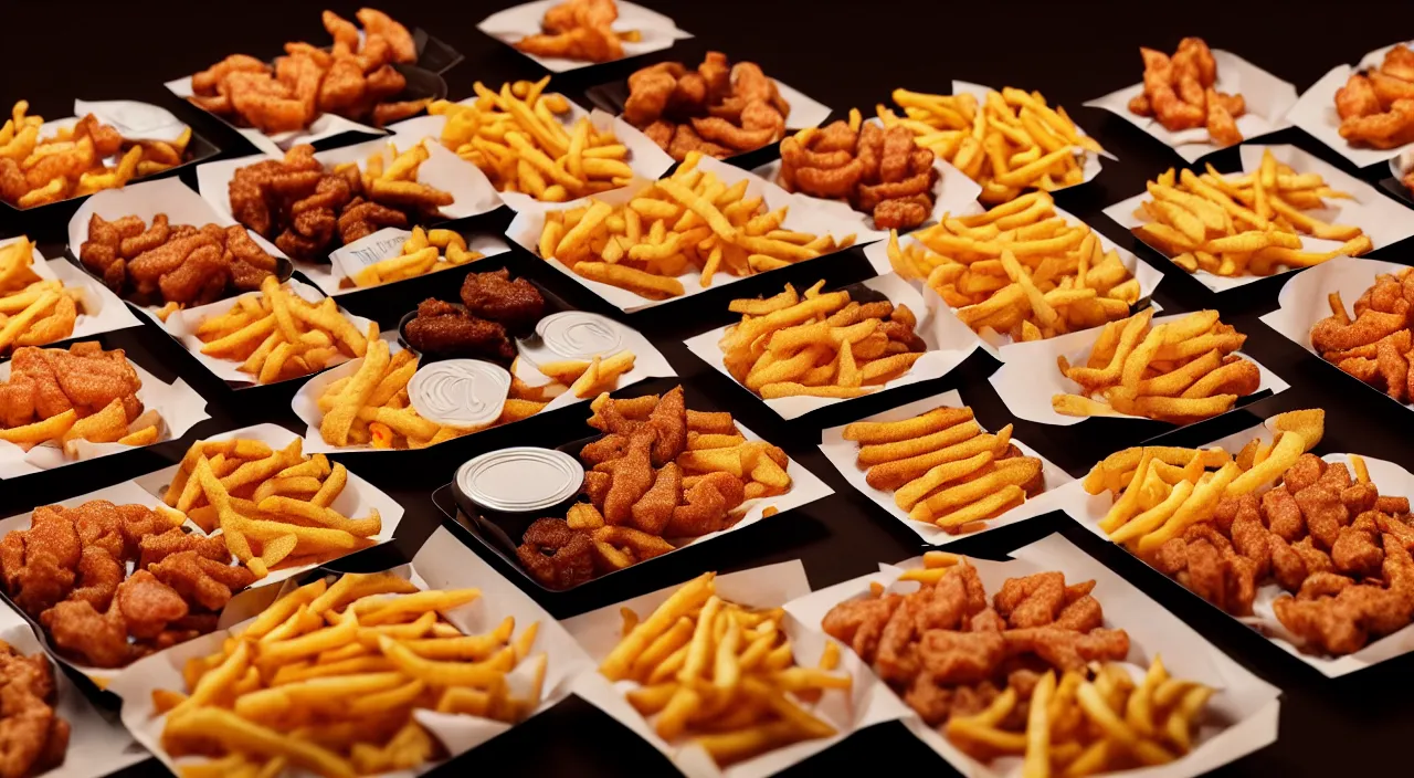 Image similar to high quality photo of mounds of fast food arranged in the shape of the US map cinematic lighting 8k wide angle shallow depth of field