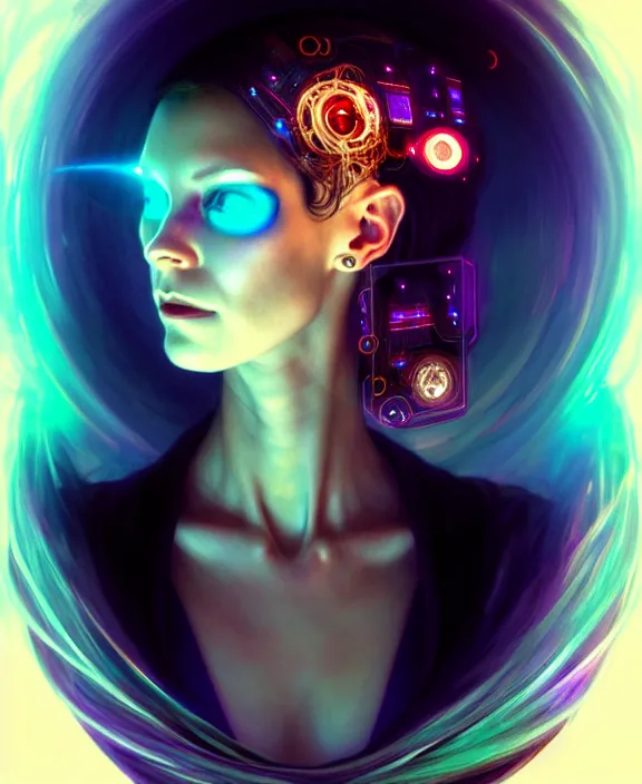 Image similar to a whirlwind of souls rushing inside the metaverse, hologram, half body, neurochip, shaved temple, piercing, jewelry, android, cyborg, cyberpunk face, by loish, d & d, fantasy, intricate, elegant, highly detailed, colorful, digital painting, artstation, concept art, art by artgerm and greg rutkowski and alphonse mucha