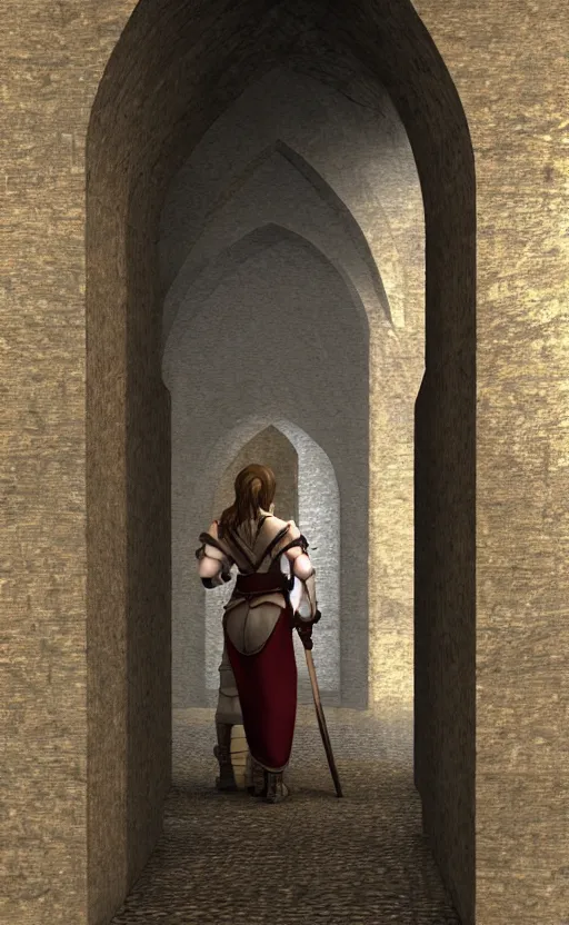 Prompt: medieval fantasy servant girl walking in castle hallway, about to enter doorframe, half turned around, full body, ultra realistic, digital art