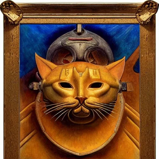 Image similar to masterpiece painting of an ancient polychrome sculpture of a mechanical cat head, by annie swynnerton and diego rivera and nicholas roerich and jean delville, symbolist, dramatic lighting, god rays, elaborate geometric ornament, art brut, rich colors, smooth sharp focus, extremely detailed, adolf wolfli