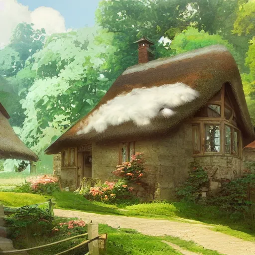 Image similar to concept art painting of an english european cottage with japanese architecture, in the woods, cozy, realistic, detailed, cel shaded, in the style of makoto shinkai and greg rutkowski and james gurney