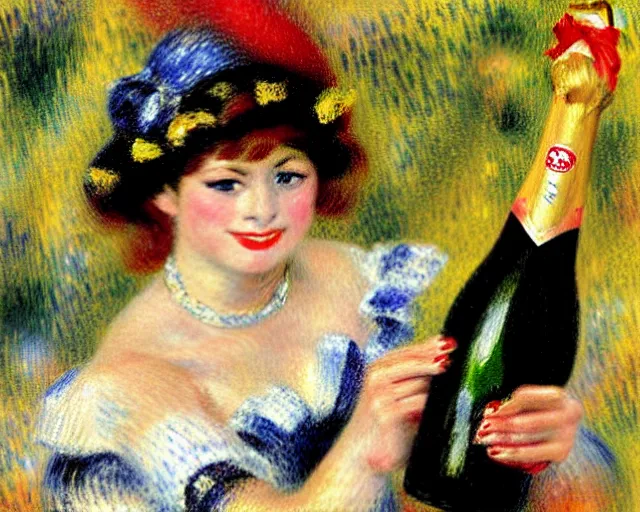 Image similar to vintage, melchizedek champagne bottle. cancan girl dancing, french, realistic, cheerful, 1 9 0 2, art by renoir
