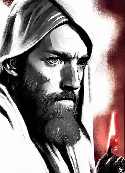 Image similar to a portrait of obi - wan kenobi as a jesus, cyberpunk, grim - lighting, high - contrast, intricate, elegant, highly detailed, digital painting, artstation, concept art, smooth, sharp focus, illustration