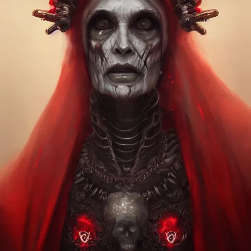 Image similar to a beautiful portrait of a creepy ancient elderly necromancer queen, embers, skeletal, red-fabric, red-eyes, grey-skin, by Greg Rutkowski and Raymond Swanland, Trending on Artstation, ultra realistic digital art