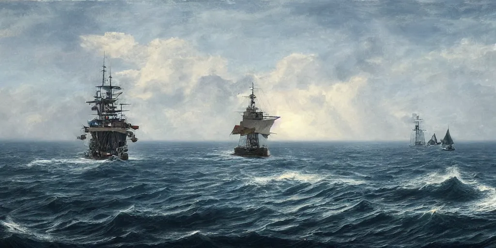 Prompt: Portrait of a 20th century frigate alone at sea with an island in the background, highly detailed, cinematic lighting, digital art, painting by aivasovsky