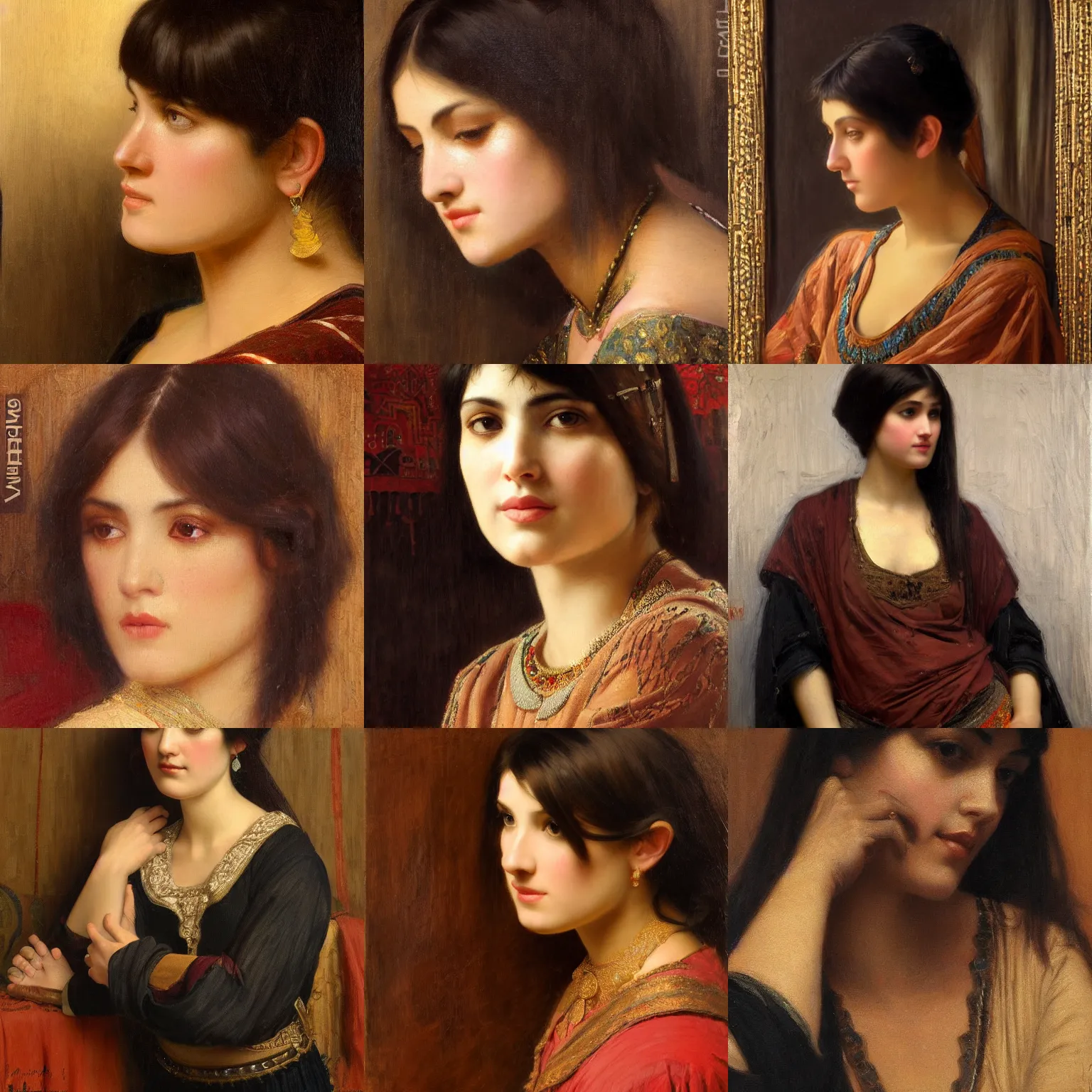 Prompt: orientalism painting blunt bangs dark hair beautiful woman face detail by edwin longsden long and theodore ralli and nasreddine dinet and adam styka, masterful intricate art. oil on canvas, excellent lighting, high detail 8 k