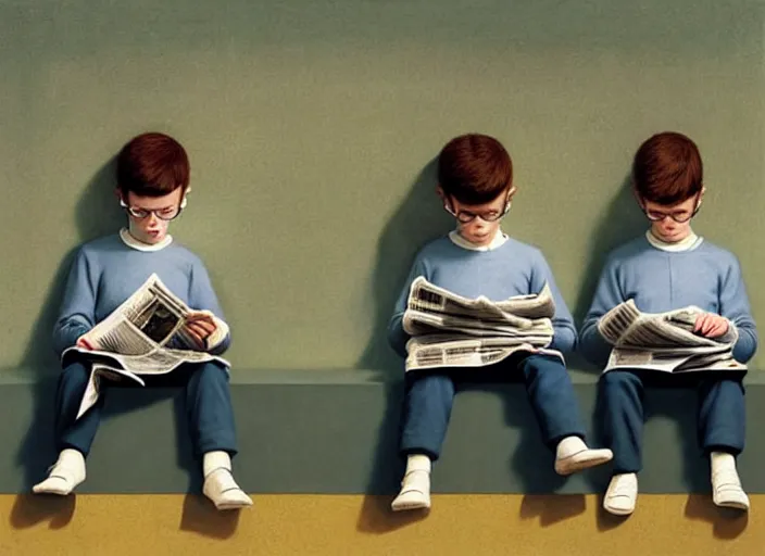 Image similar to a very boring day in school, kids wearing identical clothes reading newspapers, painting by quint buchholz and ray caesar, muted colors, gray, dull, boring, low energy, pale blue faces, very detailed