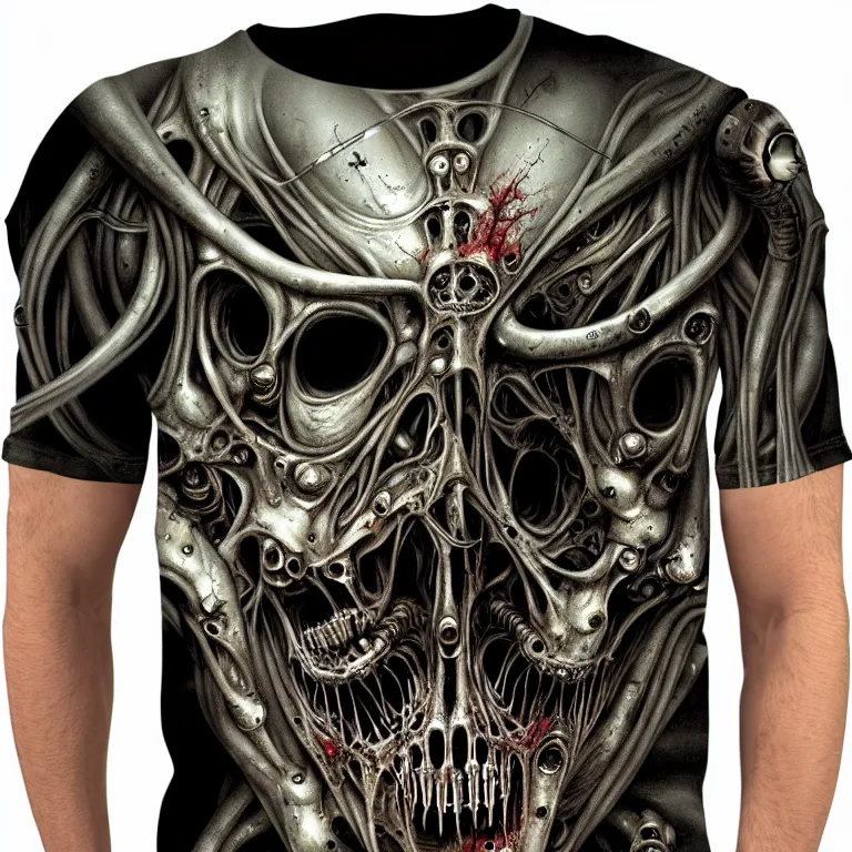 Prompt: tshirt design, biopunk. zombies, aliens, toxic mutation, biomechanical, horror. herman nitsch, giger. airbrush, high detail.