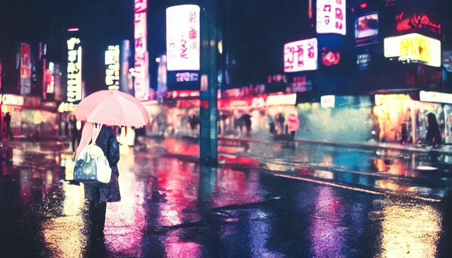 Image similar to street of shibuya photography, night, rain, mist, a girl with pink hair, cinestill 8 0 0 t, in the style of william eggleston