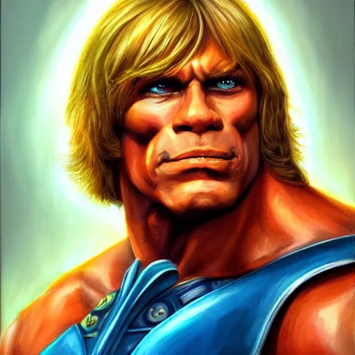 Image similar to portrait painting of he - man in style of kenne gregoire, 4 k,, highly detailed, epic lighting