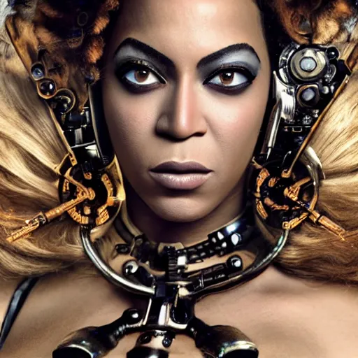 Image similar to beyonce steampunk cyborg, movie poster, sharp focus, contemporary fashion shoot, by edward robert hughes, annie leibovitz and steve mccurry, david lazar, jimmy nelsson, extremely detailed, hyperrealistic, perfect face, octane render