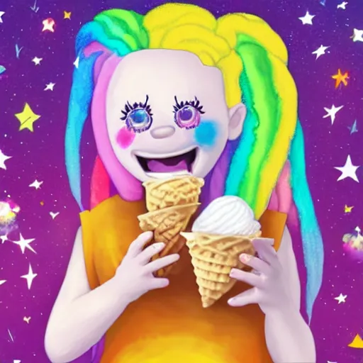 Image similar to adorable little albino girl with blonde dreads eating ice cream, smiling, sitting on top of a rainbow, high quality, fantasy, stars, rainbow, care bear land with my little pony vibes, concept art