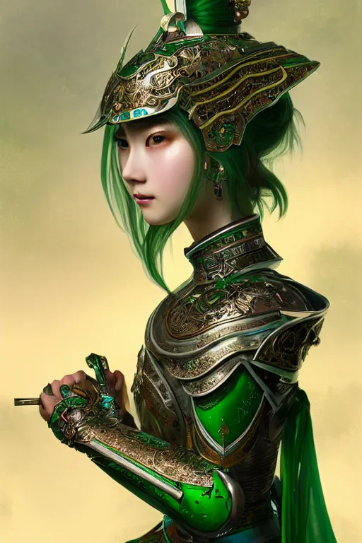 Image similar to portrait young knights of Dynasty Warriors girl, metallic green armor, in ruined hǔ láo guān, ssci-fi and fantasy, intricate and very beautiful and elegant, highly detailed, digital painting, artstation, concept art, smooth and sharp focus, illustration, art by tian zi and WLOP and alphonse mucha