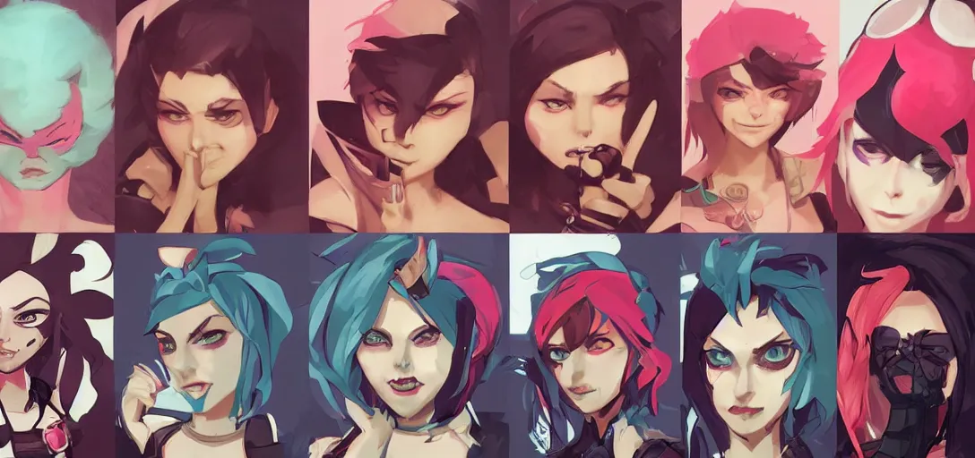 Image similar to concept art of punk female video game characters head designs, loud, intimidating, disgaea, flcl, overwatch, by marc brunet and artgerm
