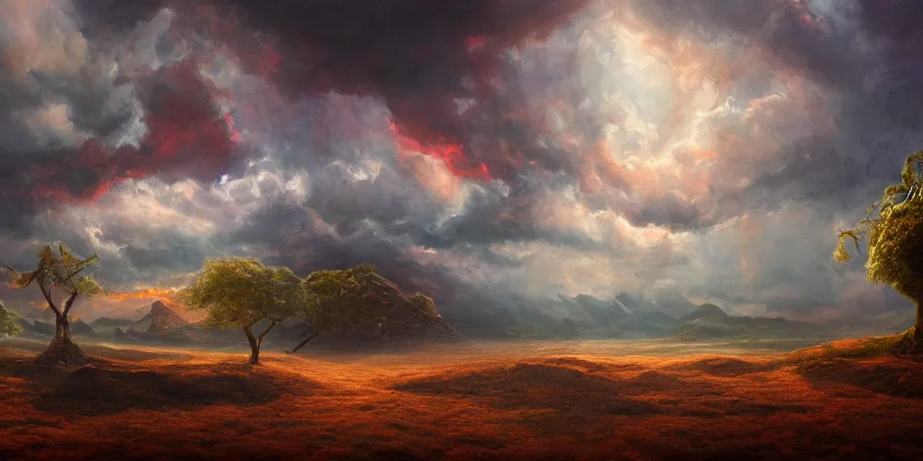 Image similar to A surreal dream landscape, happy, cinematic lighting, detailed oil painting, 8k