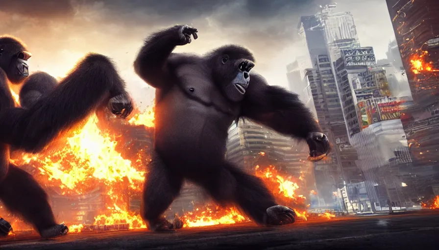 Image similar to epic concept art of hard fighting of two huge raging gorilla in burning tokyo city, cinematic composition, golden lighting, strong perspective