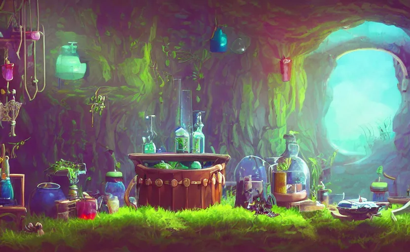 Prompt: interior of a witch's shot, bottles of potions, a large cauldron with bubbles, lush vegetation, artstation, concept art by peter chan, colorful lighting, pixel art