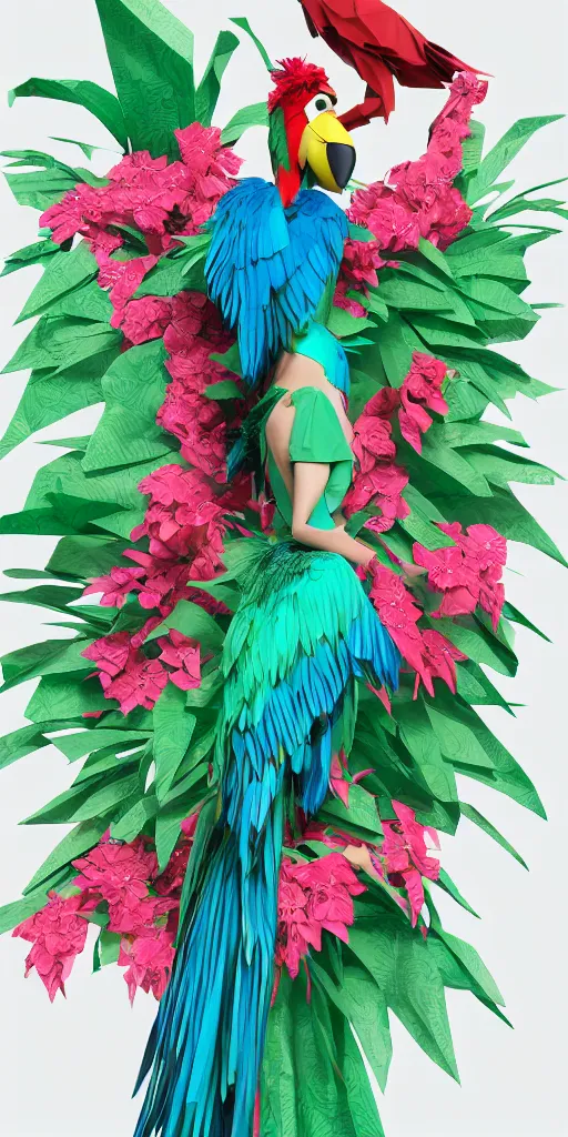 Image similar to anthropomorphic macaw woman wearing a flowing samba inpsired white and mint colored paper dress, background amazon jungle made of paper, paper Bougainvillea, many origami Bougainvillea, eery light, 3D, very detailed, octane render, trending ArtStation, artgem