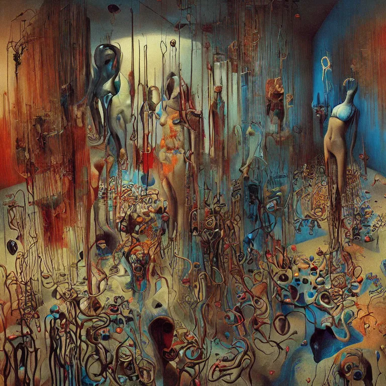Prompt: room of chaos by salvador dali, dark art by james jean, zdzislaw beksinski, abstract surrealism, deep rich colors, masterpiece