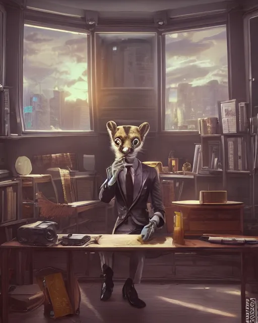 Prompt: artstation scifi scene of a weasel in suits drinking tea ， in an shabby office, wooden, furnitures ， many brocade flags summer unreal engine 5, hyper realism, realistic shading, cinematic composition, blender render, octane render, hdr, detailed textures, photorealistic, wide shot