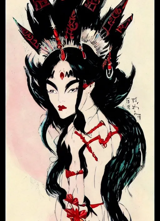 Image similar to junoesque female korean vampiress, jeweled headdress, heavy mascara, strong line, saturated color, beautiful! coherent! by frank frazetta, high contrast, minimalism