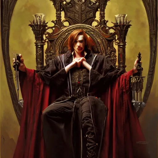 Image similar to perfectly centered portrait of attractive vampire king in a robe sitting on a throne of bones, highly detailed painting by gaston bussiere, craig mullins, j. c. leyendecker, 8 k