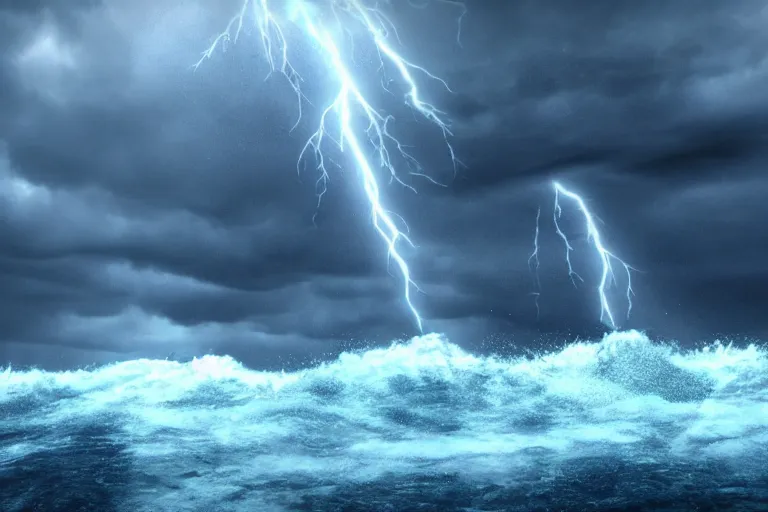 Image similar to photorealistic blue - tinted photo of a sinking cruise ship, storm, wave, bermuda triangle, thunderstorm, horror, smooth, epic, highly detailed, cinematic, unreal engine rendering