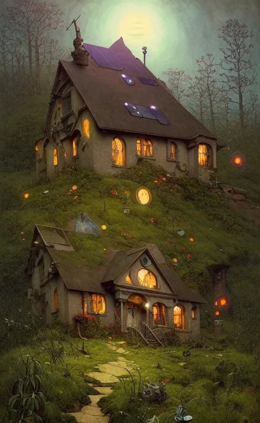 Image similar to a hyper realistic witchy cottage with solar panels on a tall hill, mountains, atmospheric lighting, lush foliage, painting by chiara bautista and tom bagshaw, mucha, beksinski and norman rockwell and greg rutkowski weta studio, and lucasfilm