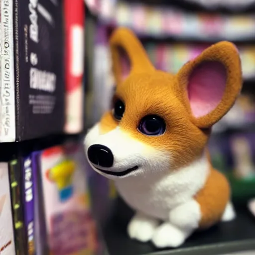 Image similar to award - winning photograph of a cute corgi furby toy on a store shelf