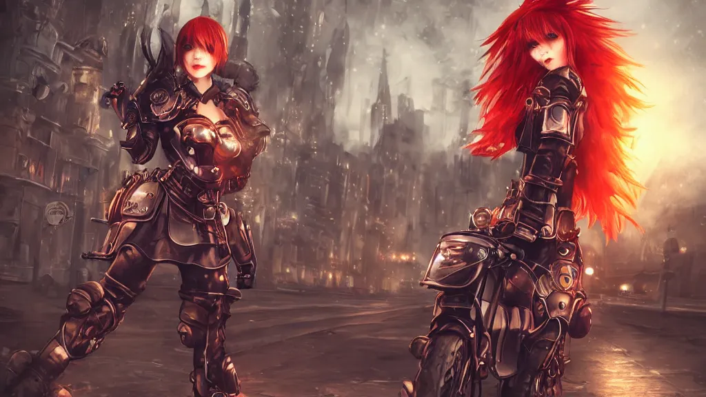 Image similar to cosplay red haired, female character, light armour, skirt, riding steampunk motorcycle, in fantasy sci - fi city, night time, city lights, motion blur, final fantasy, cinematic, realistic, stylised, unreal engine, lumen, realistic, artgerm