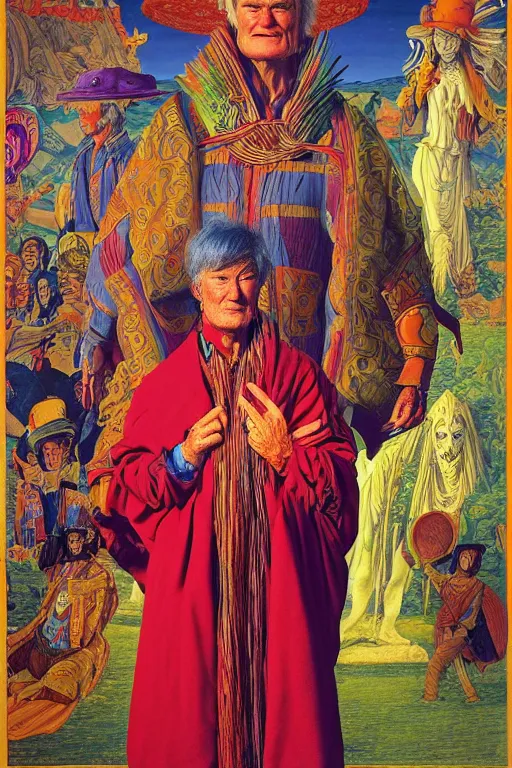 Image similar to an incredible and hilarious jean giraud portrait of timothy leary in the style of a renaissance masters portrait, mystical and new age symbolism, tibetan book of the dead