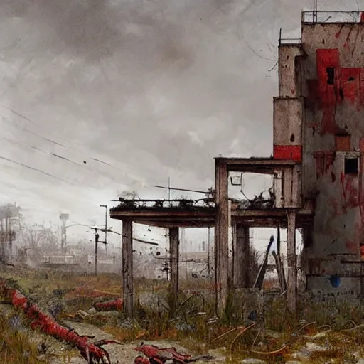 Image similar to painting of a abandoned post soviet town infested with humanoid root monsters by jakub rozalski