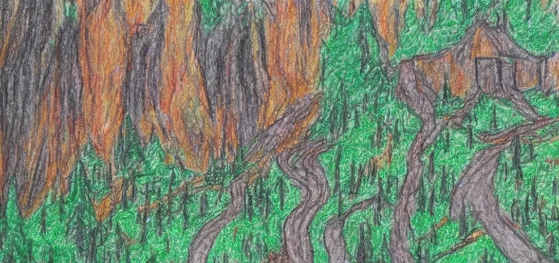 Image similar to Rivendell poorly drawn in wax crayon by a five-year old