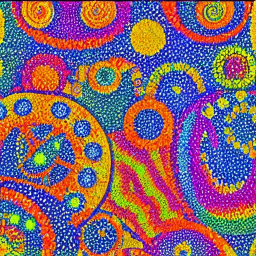 Prompt: a detailled pointillist painting of colorful round patterns, by henri - edmond cross and maximilien luce, textured, relief